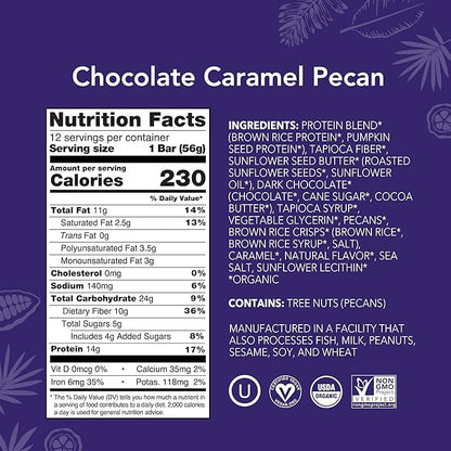 ALOHA Organic Plant Based Protein Bars | Chocolate Caramel Pecan | 12 Count, 1.98oz Bars | Vegan, Low Sugar, Gluten Free, Paleo Friendly, Low Carb, Non-GMO, Stevia Free, Soy Free, No Sugar Alcohol Sweeteners