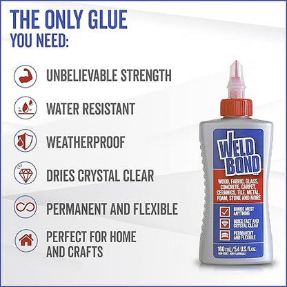 Weldbond Multi-Surface Adhesive Glue, Bonds Most Anything! Wood Glue for Furniture or Carpentry Fabric Glass Mosaic Ceramic Jewelry Stone & More. Non-Toxic, Dries Crystal Clear. 5.4oz /160ml 12-Pack