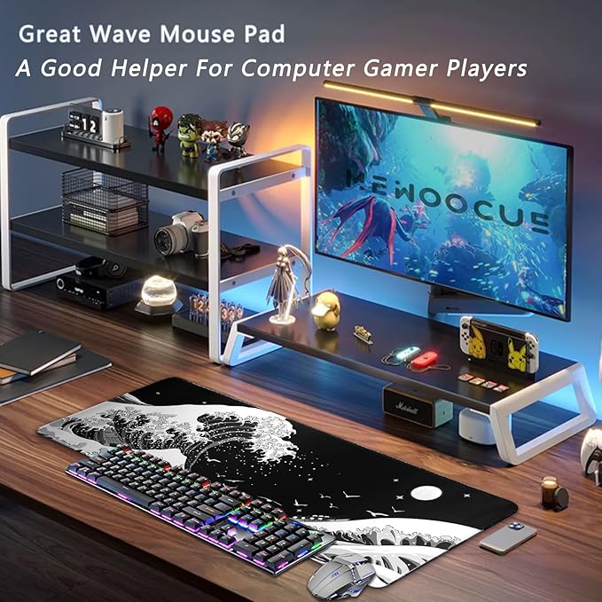 MEWOOCUE® Gaming Mouse Pad for Desk,Large Sea Wave Mousepad Laptop,Black White Japanese Anime Mouse Mat,Long XXL Waterproof Keyboard Pads,Big Non-Slip Mouse Pads for Game Office Home（31.5 x 11.9 in）