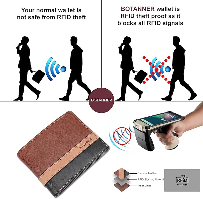 Genuine Leather Mens Bifold Wallet RFID Blocking 5 Credit Card Slots 1 ID Window 2 Sections for Bills 2 Additional Slots | Tan/Camel/Black