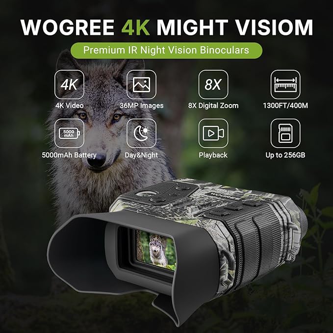 4K Night Vision Goggles – 1300FT Infrared Range, 8X Digital Zoom, Rechargeable 5000mAh Rechargeable Battery, 32GB Card, Tactical Light, for Camping, Camo