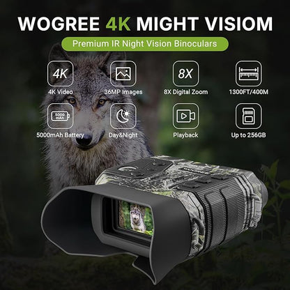 4K Night Vision Goggles – 1300FT Infrared Range, 8X Digital Zoom, Rechargeable 5000mAh Rechargeable Battery, 32GB Card, Tactical Light, for Camping, Camo