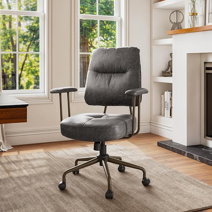 EUREKA ERGONOMIC Becky Home Office Desk Chairs Leather, Comfy Office Chair with Lumbar Support and Arms, Mid-Back, Comfortable Thick Cushion, Height Adjustable, Mid-Century Modern, Gary