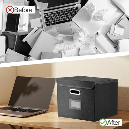 Collapsible File Box with Lid & Plastic Slide - Hanging Document Organizer for Office/Home, 14.96x12.6x10.83 Inch,Black, 2 Pack (No Folders Included)