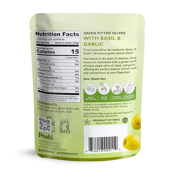 POSHI Green Pitted Olives - Basil & Garlic | Vegan, Kosher, Gluten Free + Keto Friendly, Fresh, Low Calorie Healthy Snacks | (30 Pack, 1.1oz Bags)