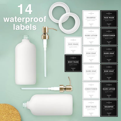 Vine Creations White Glass Soap Dispenser, 2 Pack Kitchen Soap Dispenser Set with Stainless Steel Pump, 16 oz Dish Soap and Hand Soap Dispensers for Bathroom with Waterproof Labels