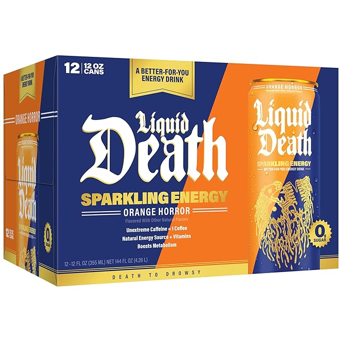 Liquid Death Orange Horror, Orange and Cream-Flavored Sparkling Energy, Sugar-Free Energy Drink, 100mg Caffeine, 12 Fl Oz (Pack of 12)