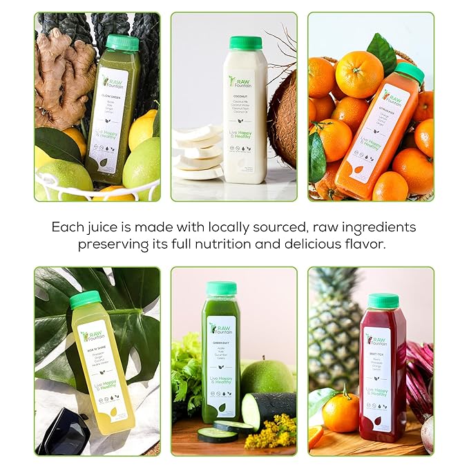 5 Day Juice Cleanse by Raw Fountain, All Natural Raw Detox Cleanse, Juicing for Body Reset, Cold Pressed Juice Fast, Great Way to Jumpstart a Healthier, Diet 30 Bottles 12oz, 5 Ginger Shots