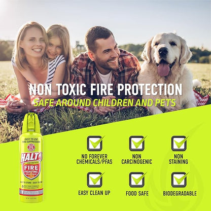HALT! Fire Fighting Foam Spray – Non-Toxic, PFAS Free, Easy to Use, Store & Find in Emergency – Compact & Portable – Ideal for Home, Kitchen, Apartment, Car, BBQ, Tailgate – Made in USA (Single Pack)