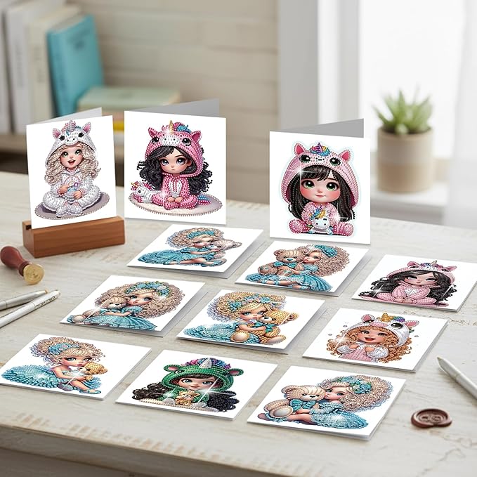 jinglinhh 12pcs Diamond Art Painting Little Girl Bear Greeting Cards with Envelopes, DIY Card Making Kits for Adults, Diamond Art Postcards Christmas Cards Craft Gifts