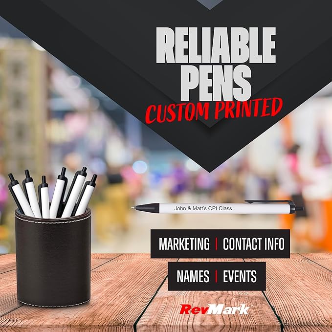 RevMark Personalized Ballpoint Pen, Custom Printed Name, Business or Event Information, Timeless Advertising, USA Made Pens, Promotional Marketing, Smooth Black Ink, Bulk Pack, (Black,50 Ct.)