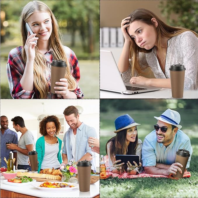 LITOPAK 100 Pack 20 oz Disposable Paper Coffee Cups with Lids for Coffee, Water, Juice, or Tea, Brown Hot Paper Cups for Home, Restaurant, Store, and Cafe