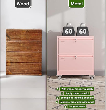Aobabo 2 Drawer LateralFile Cabinet with Wheels, Lockable Metal Filing Cabinet for Home Office, Legal/Letter Size,Pink,Required Assembled,15.87" D x 28.94" W x 34" H