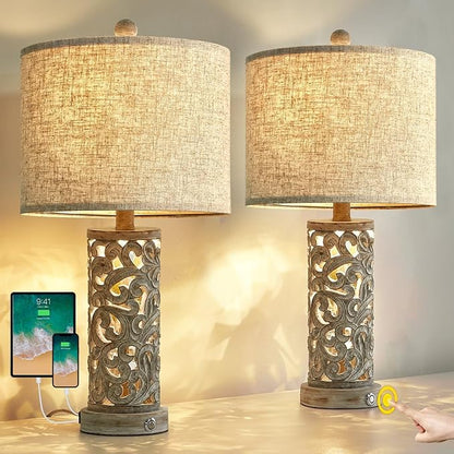 OYEARS 3-Way Dimmable 22'' USB A+C Touch Control Table Lamp Set of 2 with Nightlight for Living Room Bedroom Farmhouse Bedside Nightstand Lamps (Bulb Included)