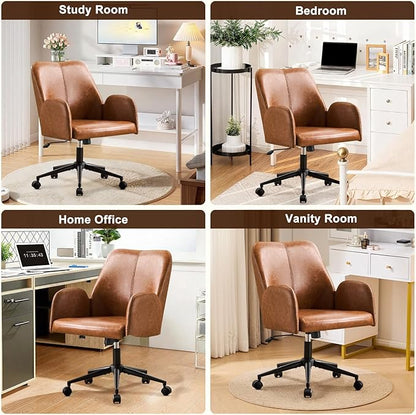 Furniliving Home Office Desk Chair, Ergonomic Leather Office Chair with Wheels, Comfortable Rolling Task Chair Adjustable Height, Brown
