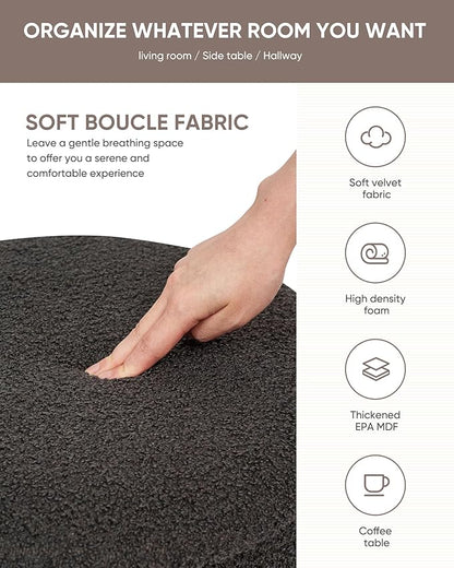 B FSOBEIIALEO Ottoman with Stroage, Round Boucle Storage Ottoman with Gold Plating Base,Foot Rest Stool for Dorm Room, Living Room Dark Grey, 16.73"x16.73"x17.72"