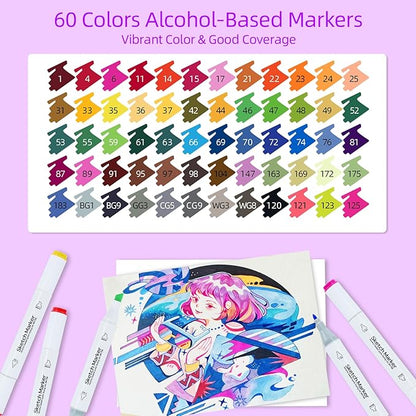 60 Alcohol Markers, Dual Brush Tip Art Markers, Coloring Marker for Adults Illustration Book Painting Card Making
