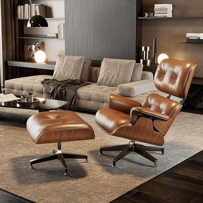 Mid Century Chaise Lounge Chair with Ottoman, Top Black Grain Leather, Modern Office Chair Classic Design, Heavy Duty Base Support for Living Room Study Lounge Office
