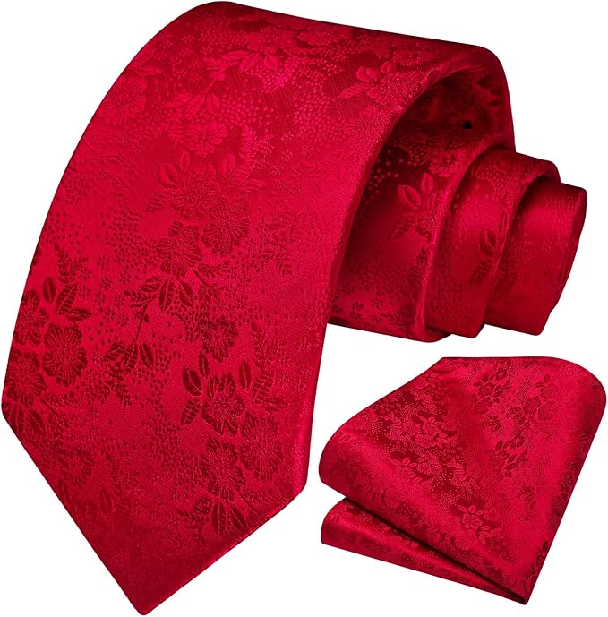 HISDERN Men Floral Ties Woven Classic 3.4" Necktie Set Formal Tie Pocket Square for Wedding with Handkerchief Gift Box