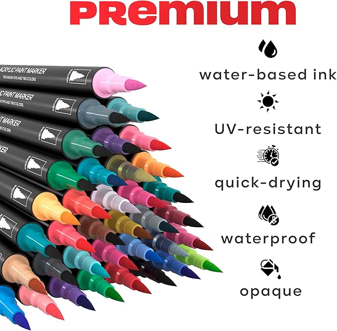 Acrylic paint pens create art – Dual Brush Tip Acrylic Markers Set, Waterproof Quick-Drying Ink for Rock Painting, Glass, Wood, Fabric (120)