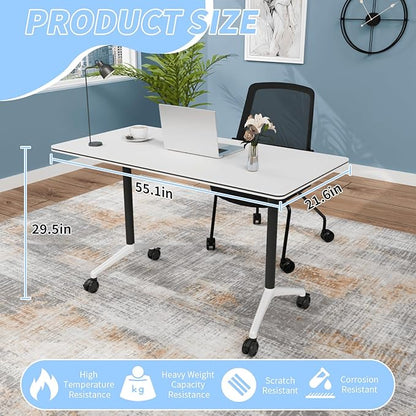 Conference Table Folding Conference Room Tables, Modern Mobile Meeting Training Table with Silent Wheels, Foldable Seminar Table for Offices, Classrooms, Libraries (8, white2, 55.1in)