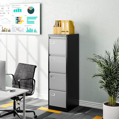 Metal Vertical File Storage Cabinet, 4 Drawer File Cabinet with Lock, 18" Deep Vertical Filing Cabinets for A4 Legal/Letter Size, Assembly Required (4 Drawer - Gray Black)