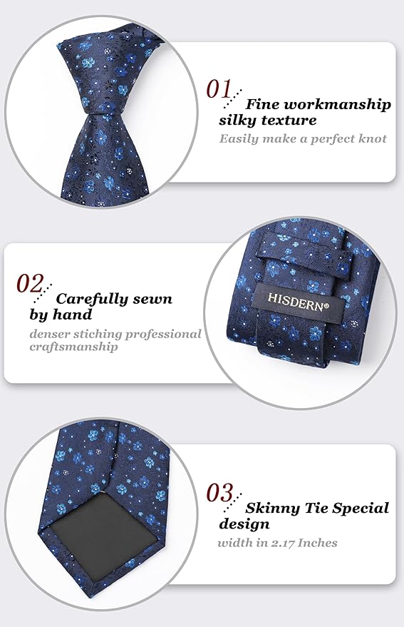 HISDERN Men Floral Ties Woven Classic 3.4" Necktie Set Formal Tie Pocket Square for Wedding with Handkerchief Gift Box