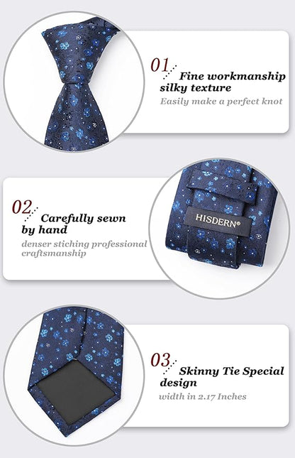 HISDERN Men Floral Ties Woven Classic 3.4" Necktie Set Formal Tie Pocket Square for Wedding with Handkerchief Gift Box