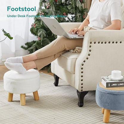 Small Foot Stool Ottoman with Storage, Faux Fur Ottoman Foot Rest for Couch, Round Footstool with Storage, Small Ottomans and Footstools for Living Room and Entryway (Light Blue)