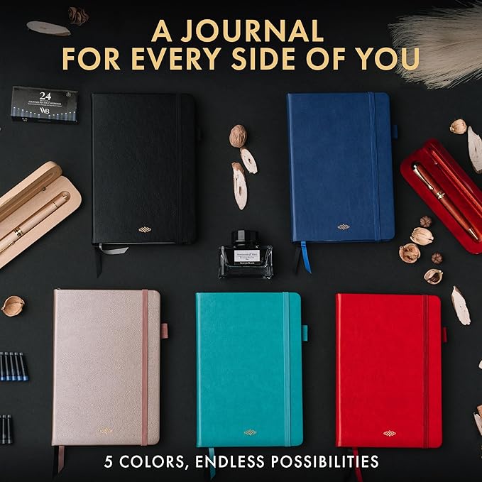 Wordsworth & Black A5 Lined Journal 216 Lined Pages, Hardcover Leather, 120 GSM Paper, Journaling Notebook for Work & Sketching, Journals for Women, Men - Gifts Box Included Black