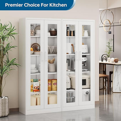 Display Storage Cabinet with Glass Door, 67 Inches Metal Curio Cabinet with 4 Adjustable Shelves, HD&Tempered Glass Display Case for Home, Office, Clinic, Pantry, Assemble Required (White)