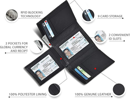 Real Leather Mens Trifold Wallet RFID Blocking Slim Minimalist Front Pocket - Thin & Stylish with ID Window in Gift Box