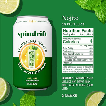 Spindrift Sparkling Water, Nojito Flavored, Made with Real Squeezed Fruit, 12 Fl Oz Cans, Pack of 24 (Only 4 Calories per Can)