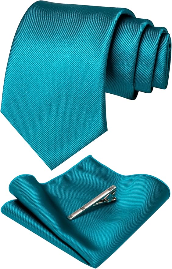 JEMYGINS Solid Color Formal Necktie and Pocket Square Tie Clip Sets for Men