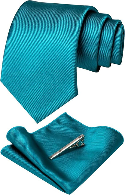 JEMYGINS Solid Color Formal Necktie and Pocket Square Tie Clip Sets for Men