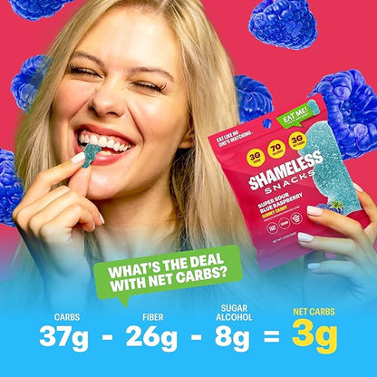 Shameless Snacks - Healthy Low Calorie Snacks, Low Carb Keto Gummies (Gluten Free Candy) - 6 Pack Sour Blue Raspberry