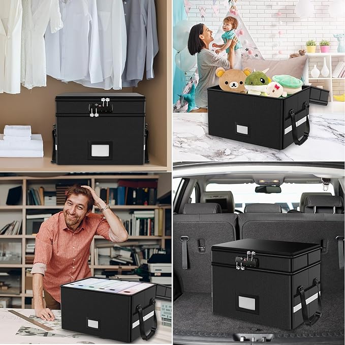 RHM Fireproof Document Box with Lock, 2 Layer Fire Proof File Box for Documents with Handle, Portable Home Office Fire Safe Document Box for Hanging Letter/Legal Folder/Certificate