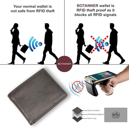 Mens Leather Flip ID Wallet RFID Blocking, 8 Credit Card Slots, 2 ID Window, 2 Sections for Bills, 3 Hidden Pockets | Black