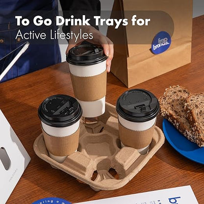 FMP Brands 4 Cup Disposable Drink Carrier Trays, 80 Pack Compostable Pulp Fiber Cup Holder for 8-32 oz Cup, Durable to Go Coffee Cup Holders for Delivery Service, Uber Eats
