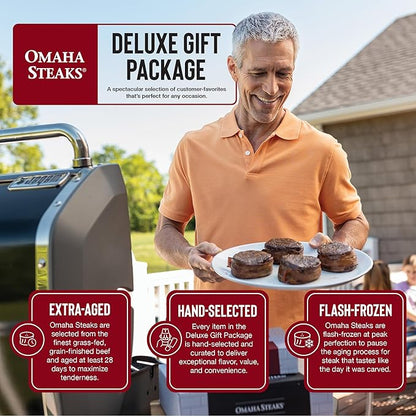Omaha Steaks Deluxe Gift Package (4 Bacon-Wrapped Filet Mignons, 4 Steak Burgers, 4 Gourmet Jumbo Franks, 4 Au Gratin Potatoes, 4 Caramel Apple Tartlets, 1 jar Omaha Steaks Seasoning)