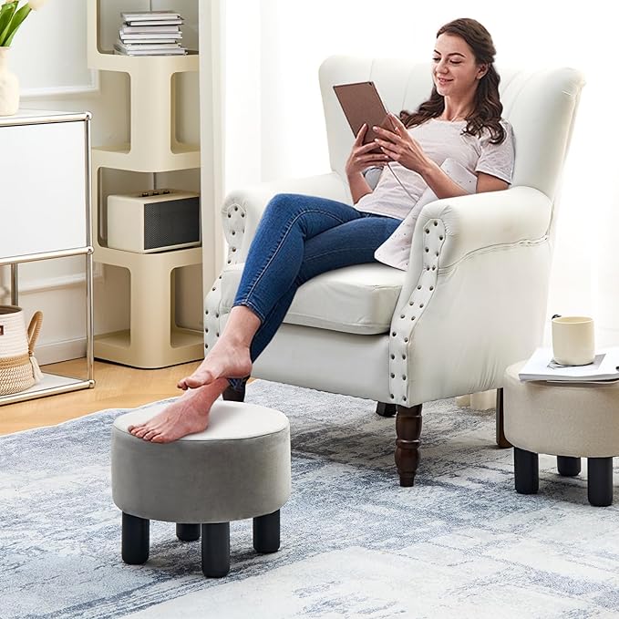Cpintltr Foot Stool Velvet Ottoman Round Footstool for Couch Desk Soft Step Stool Padded Foot Rest with Non-Skid Pine Legs Multiple Colors Furniture for Hallway Office Lounge Dorm Room Grey -