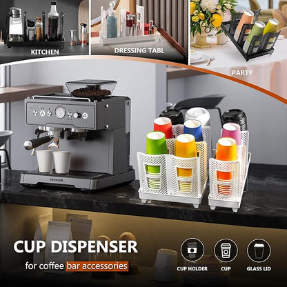 Paper Cup and Lid Holder, Disposable Coffee Cup Dispenser, 3-Slot Upright Paper Cup Dispenser for Coffee Stations, Kitchens, Bars, Restaurants, Lounges (White)