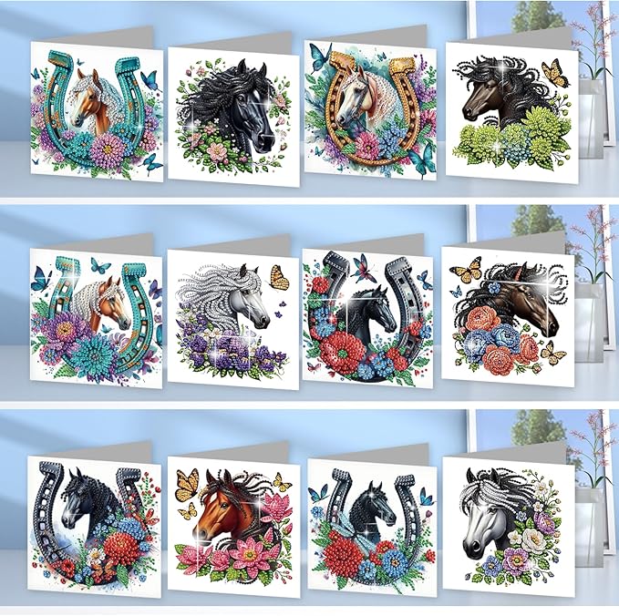 jinglinhh 12pcs Diamond Art Painting Flowers Horse Greeting Cards with Envelopes, DIY Card Making Kits for Adults, Diamond Art Christmas Cards for Birthday Holiday Postcards Craft Gifts