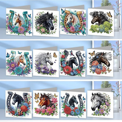 jinglinhh 12pcs Diamond Art Painting Flowers Horse Greeting Cards with Envelopes, DIY Card Making Kits for Adults, Diamond Art Christmas Cards for Birthday Holiday Postcards Craft Gifts
