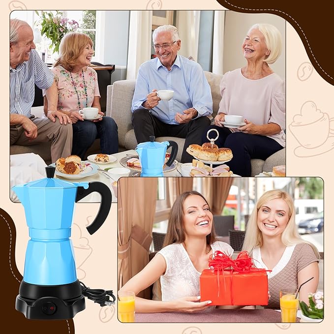 Coffee Pot 6 Cup Electric Espresso Coffee Maker Italian Moka Maker 300ml Portable Aluminum Espresso Machine Cafetera Moka Pot with Detachable Base, Gift for Home Travel(Blue)