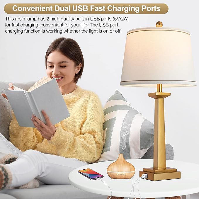 ROTTOGOON 29" Gold Table Lamps for Living Room Set of 2, 3-Color Temperature Nightstand Modern Lamps with Dual USB Charging Ports, Resin Brass Tall Lamp for Bedrooms (LED Bulbs Included)