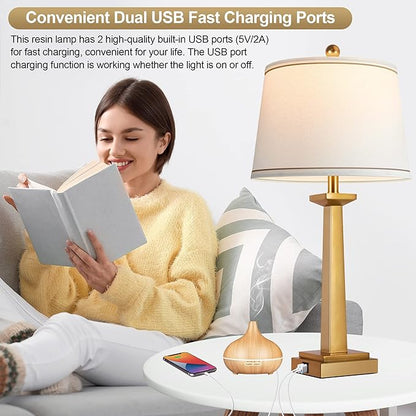 ROTTOGOON 29" Gold Table Lamps for Living Room Set of 2, 3-Color Temperature Nightstand Modern Lamps with Dual USB Charging Ports, Resin Brass Tall Lamp for Bedrooms (LED Bulbs Included)