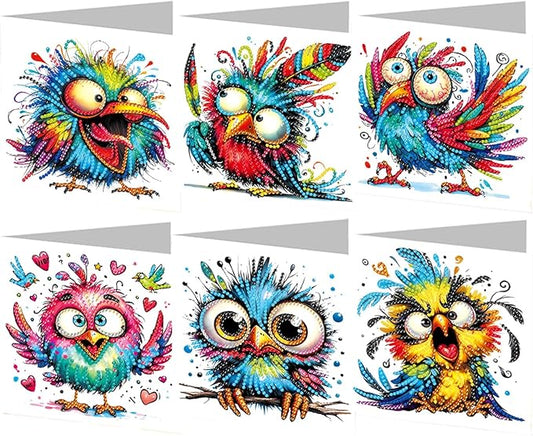 6PCS Diamond Art Painting Greeting Card Set, Bird Pattern DIY Cards with Envelopes for Xmas Birthdays Special Occasion Blessing