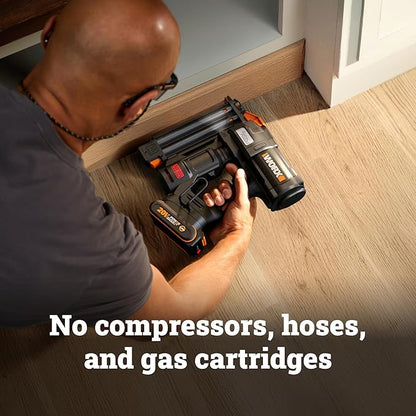 WORX Brad Nailer Cordless, 20V 18 ga Brushless Nail Gun Cordless, High Driving Power, Up to 2-⅛" into Hardwood, Narrow Nose, 3 LEDs, 3000 Nails & 20V 2.0 Ah Battery and Charger Included, PowerShare