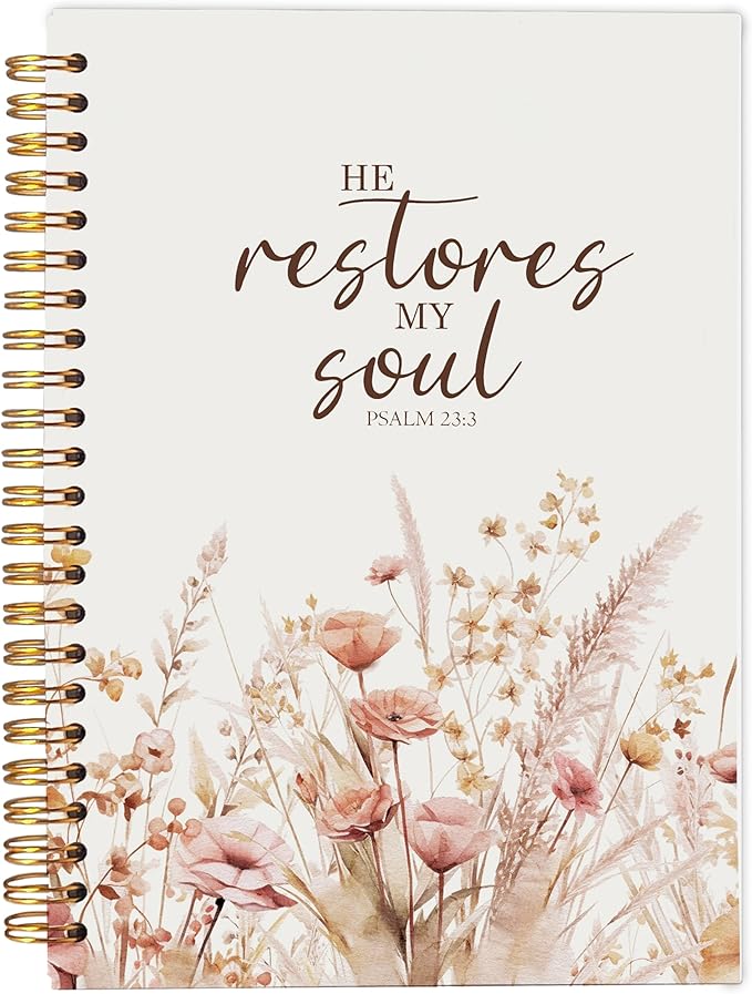 Christian Notebook for Women, Christian Art Gifts Journal, Prayer Journal for Women, Bible Journaling Notebook, PSALM 23:3 He Restores My Soul Floral Spiral Notebook 5.5x8.3